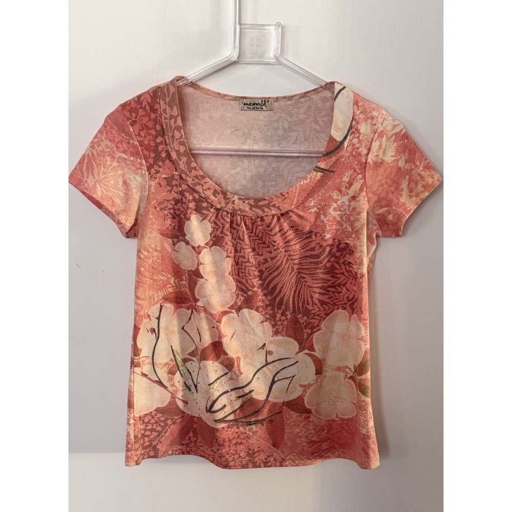 Vintage Y2K Oneworld Peach Coral Floral Rhinestone Scoop Neck Top Women's Small - Picture 7 of 7